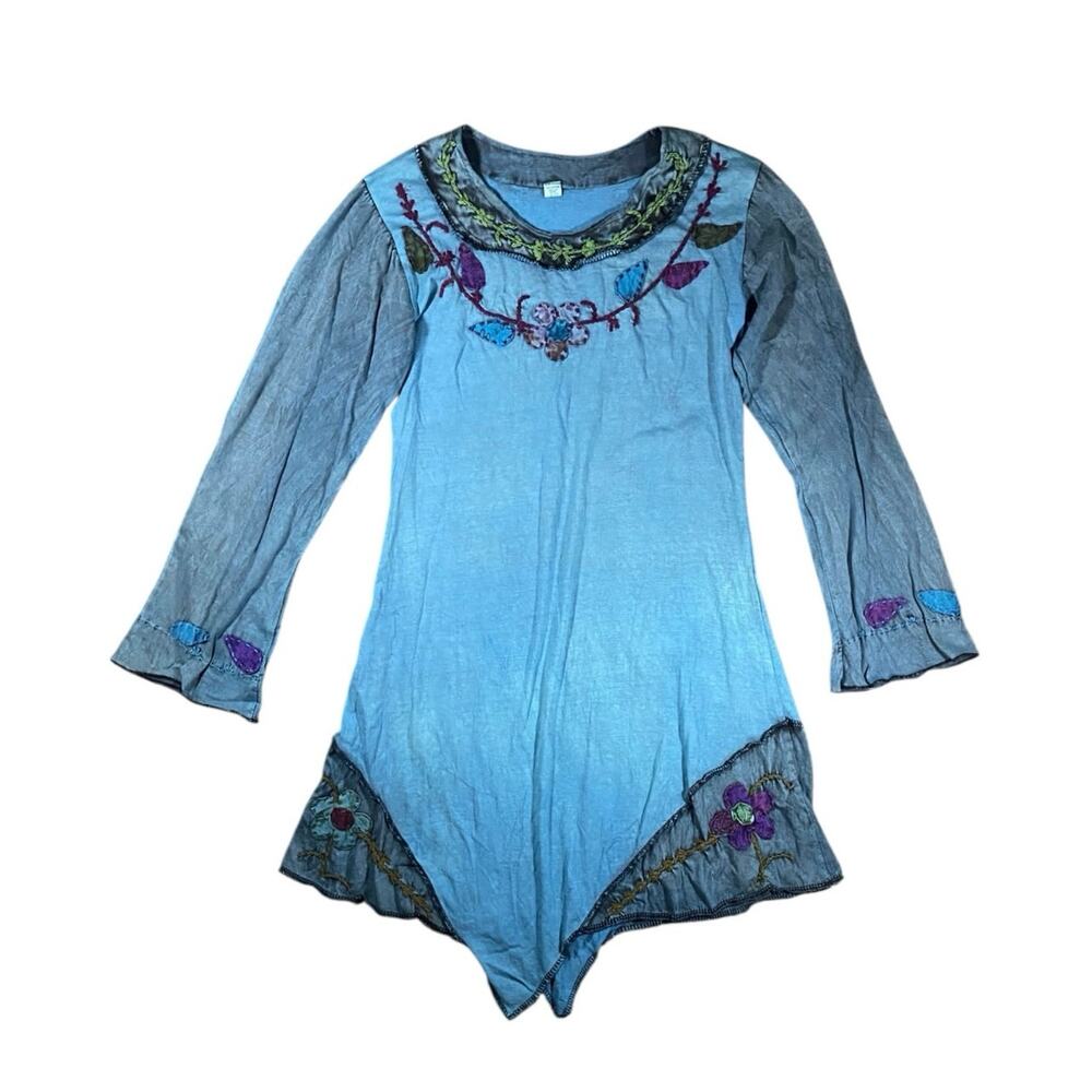 Y2K Patchwork Embroidered Floral Peasant Dress - S/M